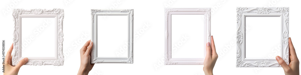 Poster hands holding four different styles of elegant white picture frames on a transparent background for 