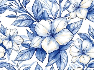 Fototapeta premium A delicate floral pattern featuring white flowers and blue leaves, creating an elegant and serene design ideal for textiles and wallpapers.