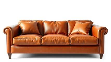 Obraz premium Minimalist Brown Leather Sofa with Cushions - Interior Design Inspiration