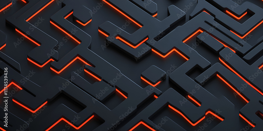 Poster abstract dark maze: intricate 3d rendered texture with dark gray blocks and vibrant orange lines, cr