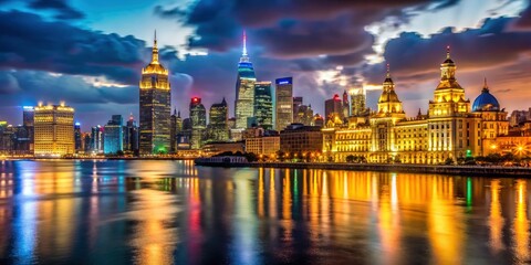 Obraz premium Low light captures Shanghai's Bund, a stunning nightscape of city lights and river reflections.