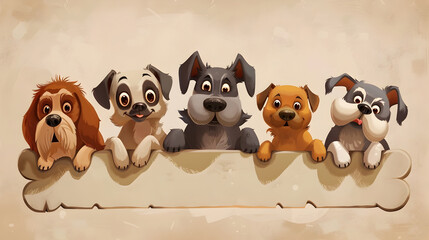 Cute Cartoon Dogs Sitting Together on Vintage Background