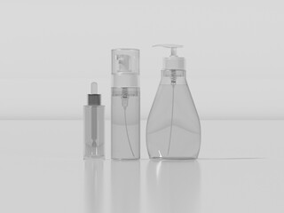 3d render Set of Transparent Bottles with Pumps and Droppers for Skincare and Cosmetics