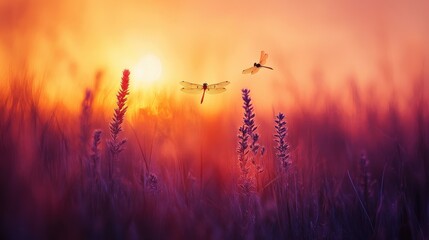 Dragonflies Over Plants at Sunset in Soft Lighting