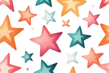 Obraz premium A colorful pattern of stars in various shapes and sizes, creating a whimsical and cheerful design on a white background.
