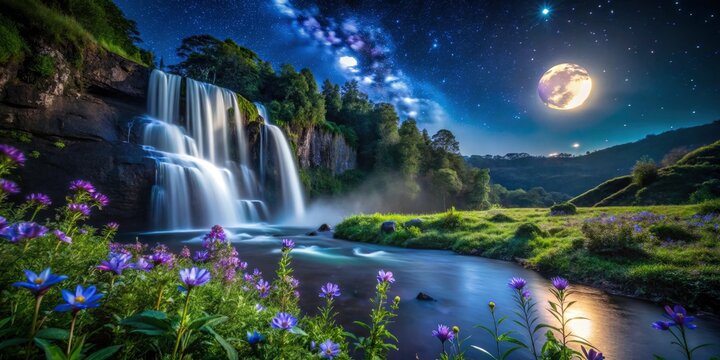 Night's embrace reveals vibrant wildflowers and a dreamy waterfall blur at Curug Bajing, Petungkriyono.