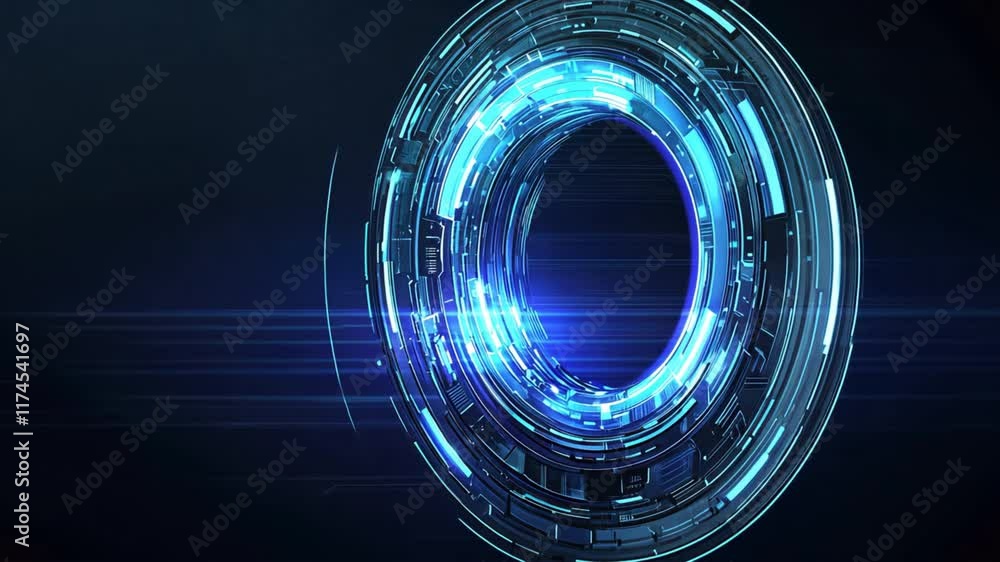 Poster futuristic digital blue circle design with glowing lights and abstract patterns, showcasing technolo