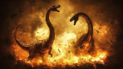 Two dinosaurs amidst flames, creating a dramatic prehistoric scene.