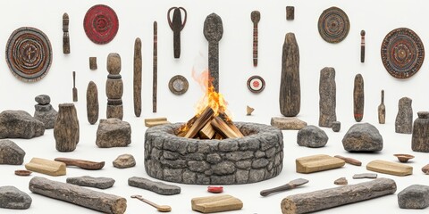 A collection of stone and wooden artifacts surrounding a fire pit, evoking a cultural setting.
