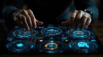 Obraz premium Hands interacting with futuristic holographic tablet interface
