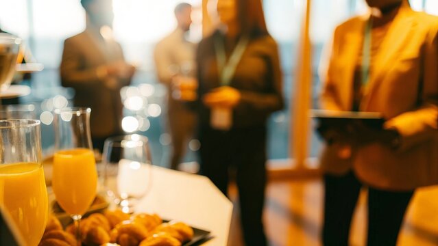 A blurred background of professionals interacting over a business brunch meeting.
