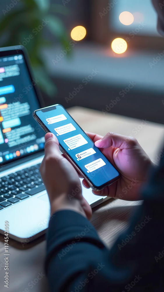 Poster programmer using smartphone and laptop for coding and communication in office at night