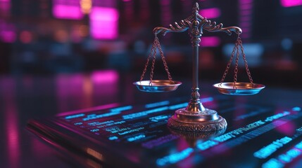 Justice, scales, digital, law, tablet, code, night, city, balance, tech