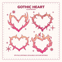 Set of tattoos heart and love symbols with pink gradient in gothic Y2K emocore style. Cute pink neo tribal tattoo, y2k, gothic, love illustration. Hearts with spikes in goth, punk, emo style.