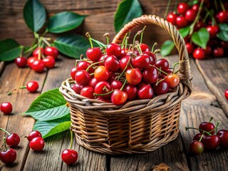 Summer's bounty: a basket of vibrant bird cherry berries rests on an aged wooden table, bathed in sunlight.