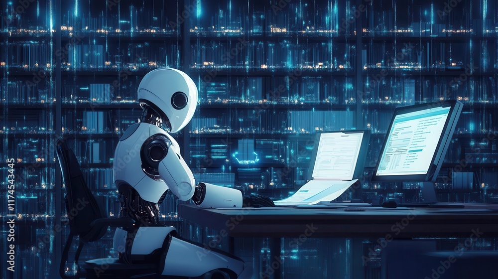 Poster a futuristic robot analyzes data at a computer in a digital library filled with glowing information.