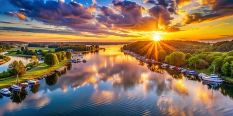 Fototapeta premium Sunrise illuminates a tranquil lake, its harbor bathed in golden light, a serene seascape.