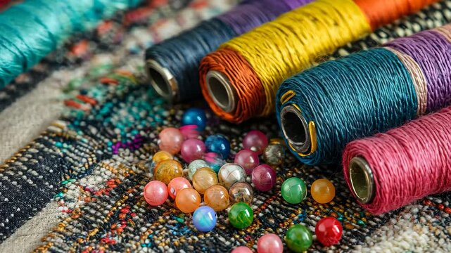 Colorful sewing threads and vibrant beads arranged on textured fabric at a crafting station, Assorted colorful sewing threads and beads on textured fabric