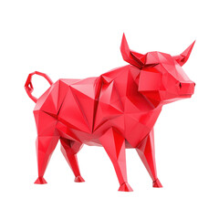 A vibrant red, geometric bull sculpture showcasing a modern polygonal design with sharp angles and facets.