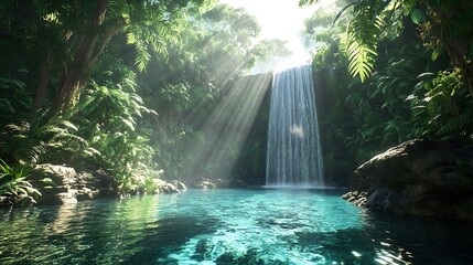 Sunbeams illuminate a lush tropical waterfall cascading into a serene pool.