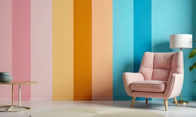 A colorful modern living room with a pink sofa and a vibrant striped wall in shades of yellow, orange, and blue, featuring a green sofa and a striped wall in red, green, and purple