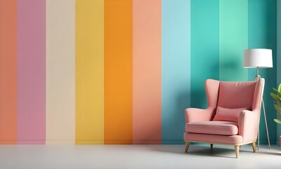 A colorful modern living room with a pink sofa and a vibrant striped wall in shades of yellow, orange, and blue, featuring a green sofa and a striped wall in red, green, and purple