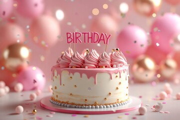 Delicious pink birthday cake celebrating with balloons and confetti