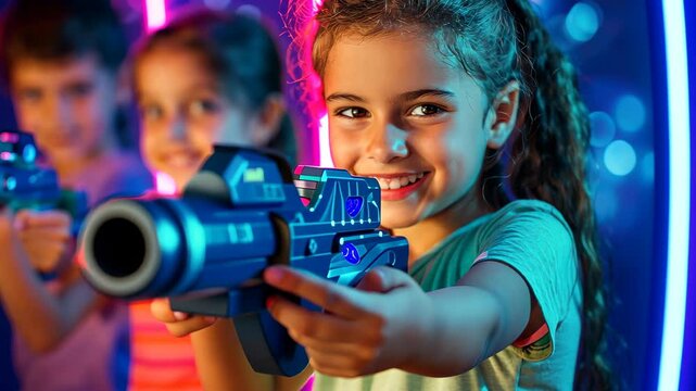 Exciting laser tag experience for children in a vibrant indoor arena, Children playing Laser Tag poster with copy space