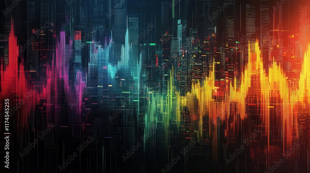 Poster a vibrant digital sound wave graphic featuring a spectrum of colors representing audio frequencies a