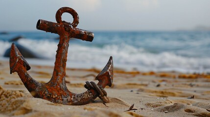 Close-up of a rusted anchor with visible cracks and wear resting on a sandy beach, symbolizing damage and neglect. Maritime and nautical themes, aging and decay concepts.