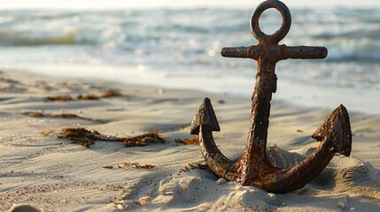 Close-up of a rusted anchor with visible cracks and wear resting on a sandy beach, symbolizing damage and neglect. Maritime and nautical themes, aging and decay concepts.