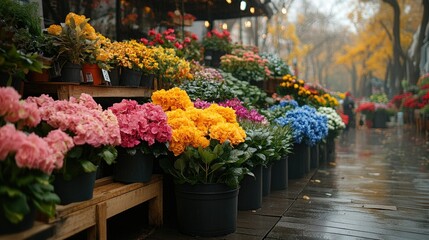 Fototapeta premium Colorful flowers on display at an outdoor market on a rainy day.