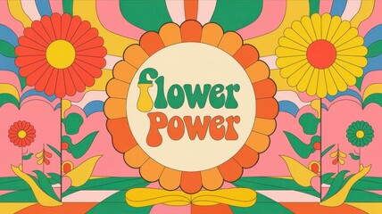 Retro-style vector illustration of a 1970s flower power gift card template with groovy patterns and colors