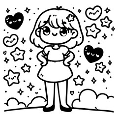 Cute cartoon girl standing with a big smile, hands on her hips