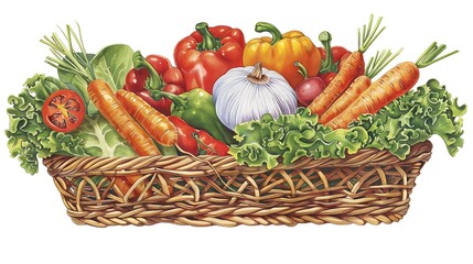 a rustic basket overflowing with a variety of fresh vegetables like crunchy carrots, aromatic onions, and vibrant leafy greens, arranged beautifully for an eye-catching and healthy meal presentation

