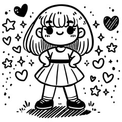 Cute cartoon girl standing with a big smile, hands on her hips