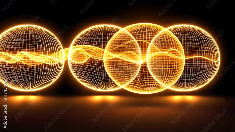 Poster glowing spheres with wave patterns and vibrant colors create dynamic energy and movement in dark bac