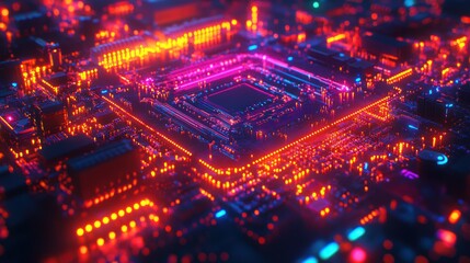 Fototapeta premium Glowing Motherboard Circuitry, Close-up, Technology, Abstract Background