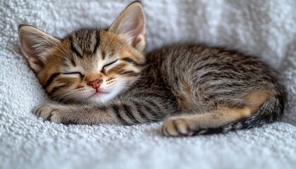 Obraz premium Adorable tabby kitten peacefully sleeps curled on a soft white blanket. Perfect for websites, blogs, or pet-related content needing a cute, calm image.