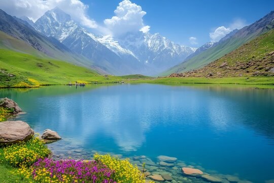 Majestic mountain lake reflecting snowy peaks in the fann mountains, tajikistan