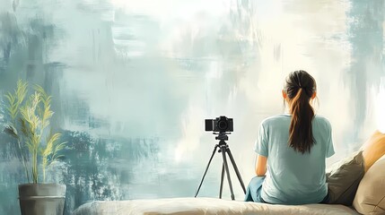 Content creator standing with a camera , comic book style