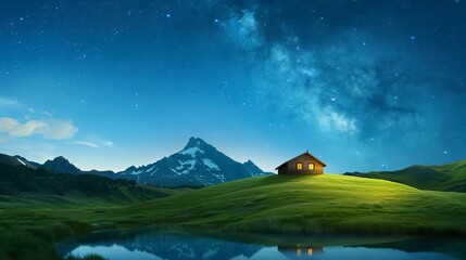 Fototapeta premium A serene night scene featuring a cozy wooden cabin illuminated by warm light, set against a starry sky and majestic mountains.