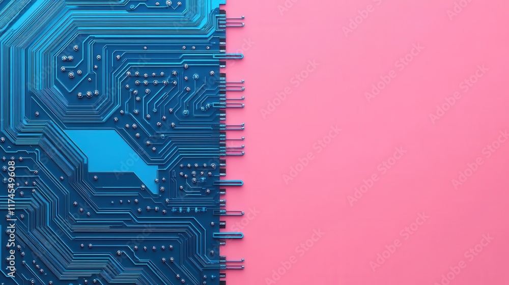 Poster a vibrant contrast between blue circuit patterns and a soft pink background, symbolizing technology 