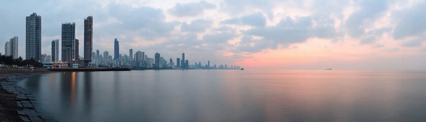 Naklejka premium A serene panorama of a city skyline at dusk, reflecting on calm waters, with towering buildings against a colorful sky.