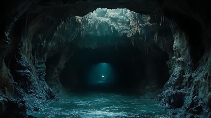 Dark Underwater Cave Entrance Illuminates Water Passage