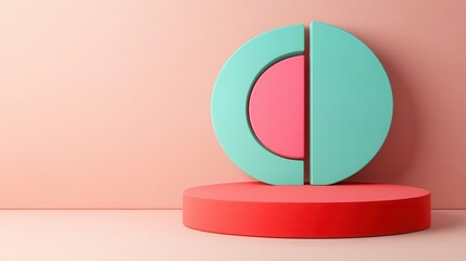 A minimalist display featuring geometric shapes in teal and pink, set against a soft peach background, creating a modern and stylish aesthetic.
