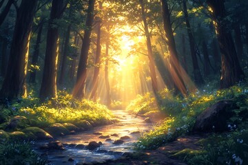 Naklejka premium Golden sunlight filtering through trees in a lush forest with a pristine stream