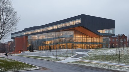 Obraz premium Modern university building, winter campus, snowy street