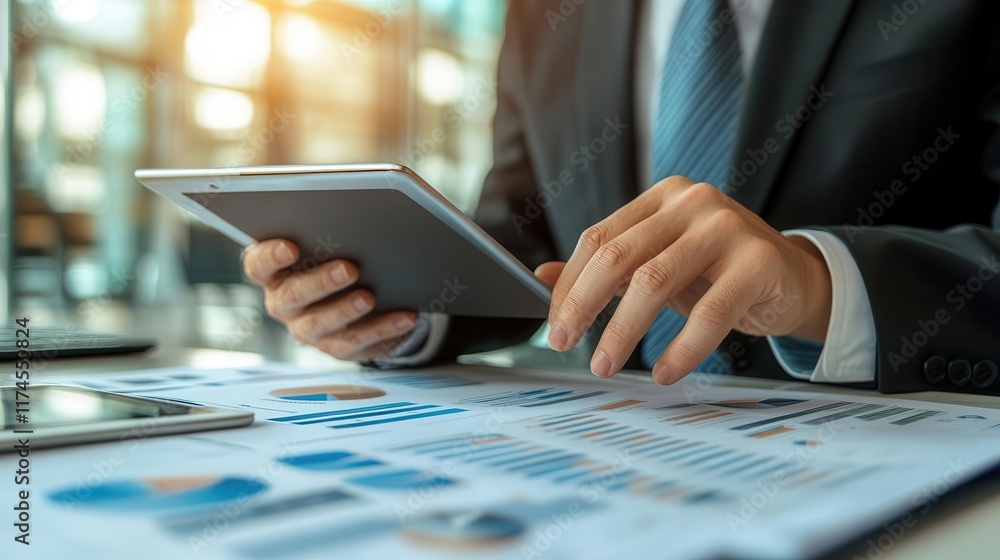 Poster a businessman reviews reports on a tablet, surrounded by documents and data visualizations in a mode