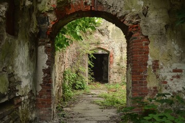 Fototapeta premium Overgrown Ruin Archway Pathway Leads To Interior Door
